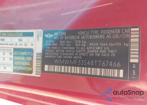 2008 Mini Cooper from USA, damaged, VIN WMWMF33548TT67466